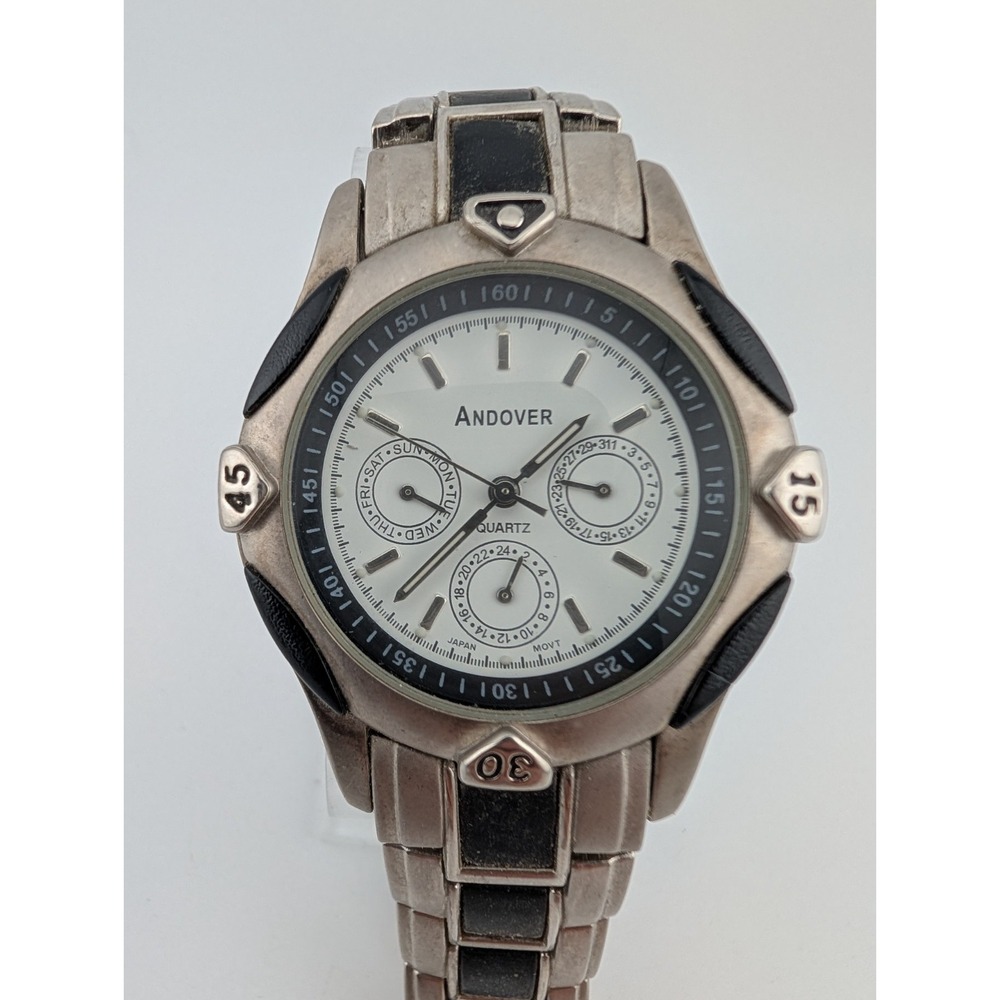 Andover Watch Men 40mm Case Black & Silver 6.75" Band- New Battery